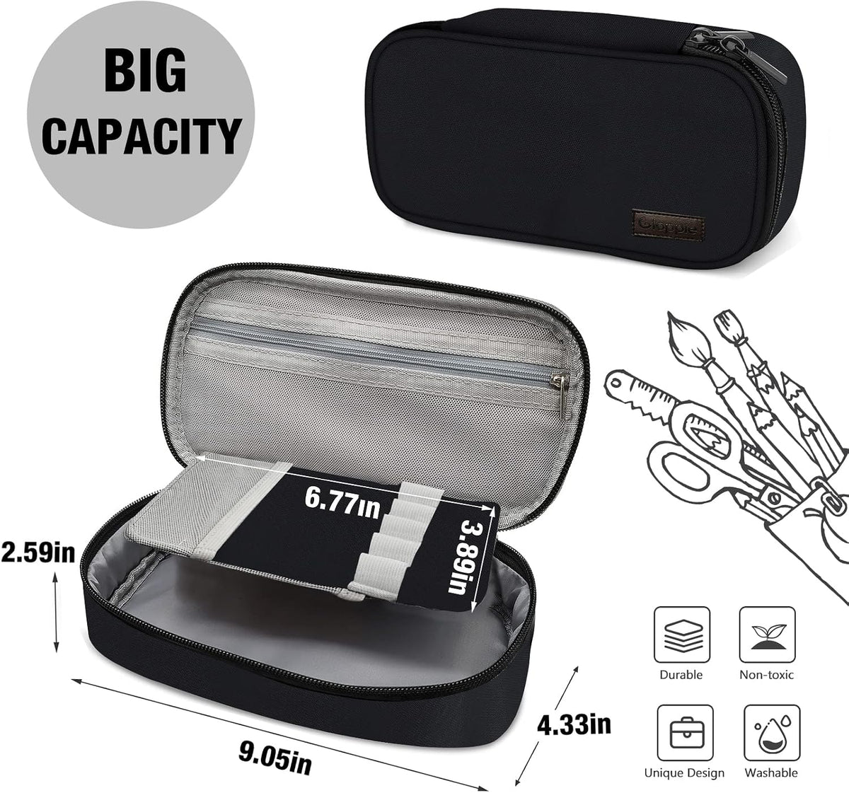 Gloppie Black Pencil Case Zipper Pencil Pouch Pen Bag Box Stationary Pouch