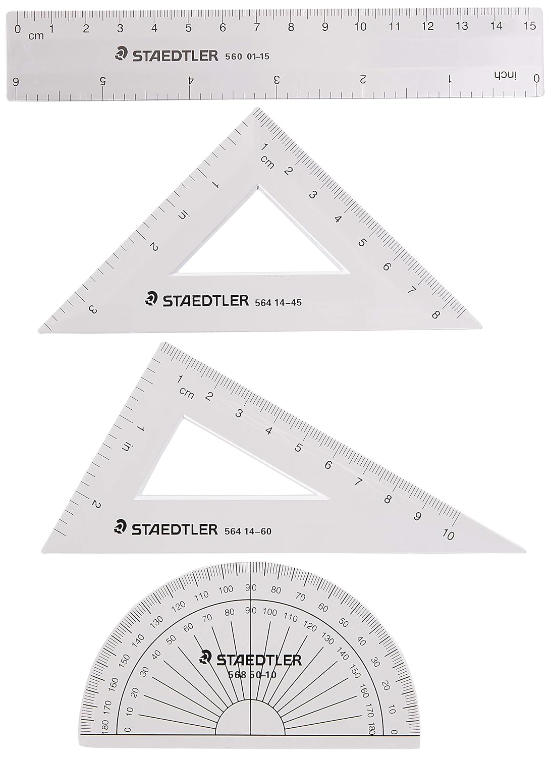 STAEDTLER Math Set - 4 pc Geometry Kit for Students - School Supplies with Clear Protractor, 6in Ruler & 2 Triangles – Metric & Imperial Scales