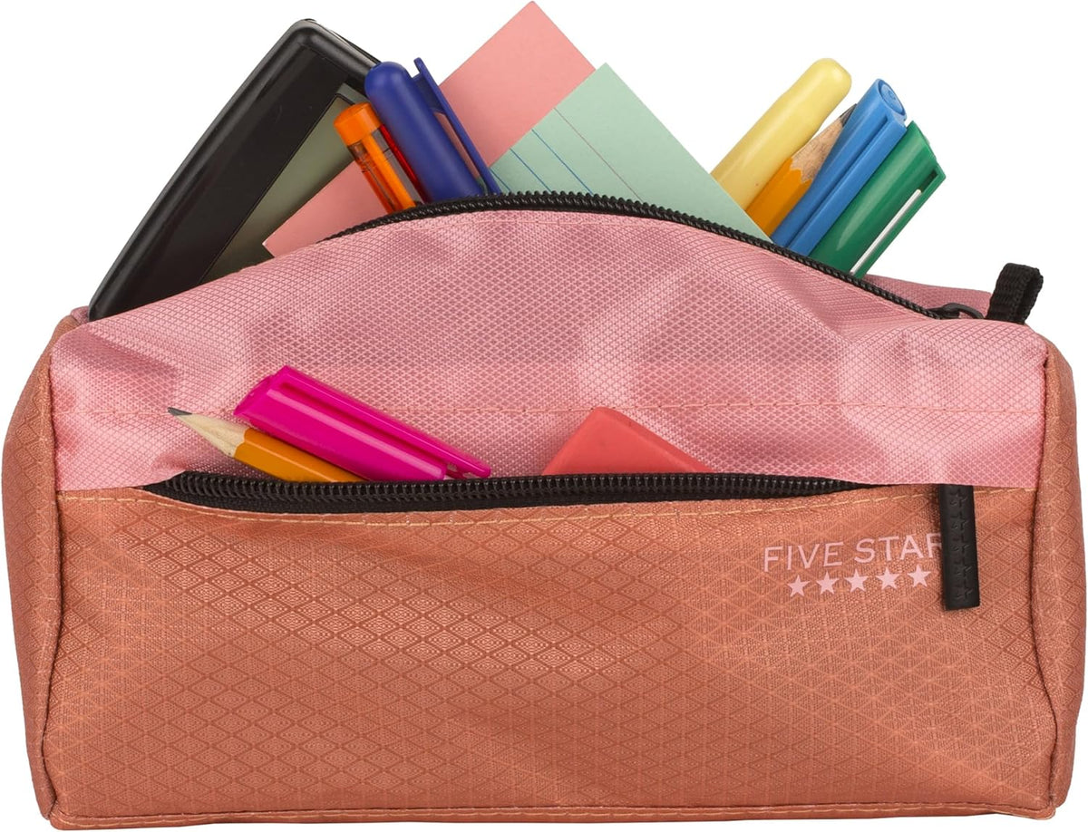 Five Star Pencil Pouch, Pen Case, 9-Pocket Zipper Pouch, Storage Organizer for School Supplies Earbuds Chargers Cables Makeup, Pink/Terracotta (500213F-ECM)