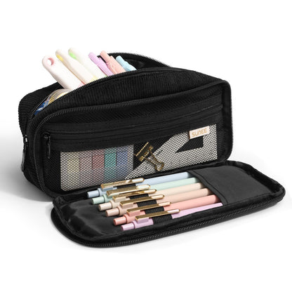 SUNEE Pencil Case, Large Capacity Pencil Pouch, Extra Big Pencil Bag with 6 Compartments, Durable Canvas Pencil Box for Office Stationery Organizer, Back to School Supplies for Teen Boys Girls, Black