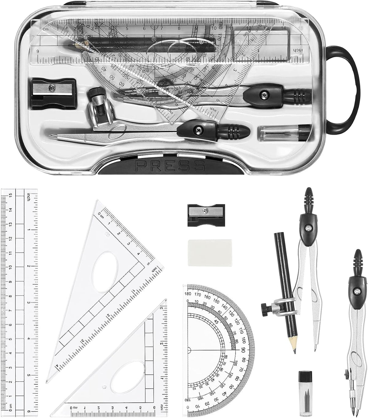 Unjoo Geometry Sets 10 Pcs Student Supplies, Protractor and Compass (Black)