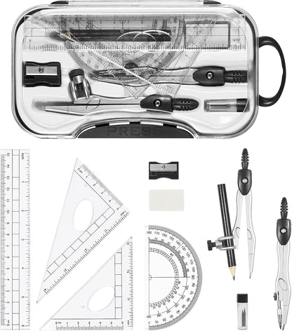 Unjoo Geometry Sets 10 Pcs Student Supplies, Protractor and Compass (Black)