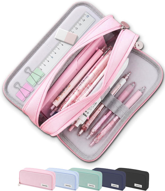 FAHZON Cute Pencil Case, 3 Large Compartments Pencil Pouch, Elastic Pen Slots&Mesh Pockets for Stationery, Pencil Bag for School Supplies with Zipper for Girls Boy Women Teens Adults-Pink