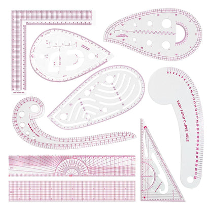 Fashion Clear Metric Sewing Ruler Set, French Curve Pattern Ruler Kit for Beginners Tailors Designers (A-9-Piece Set)
