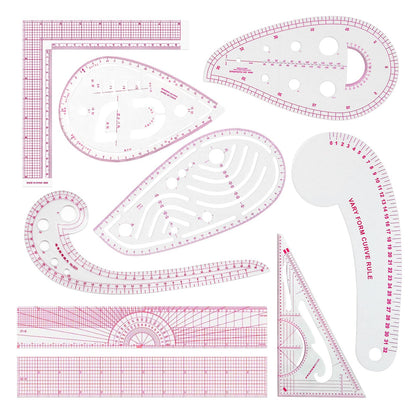 Fashion Clear Metric Sewing Ruler Set, French Curve Pattern Ruler Kit for Beginners Tailors Designers (A-9-Piece Set)