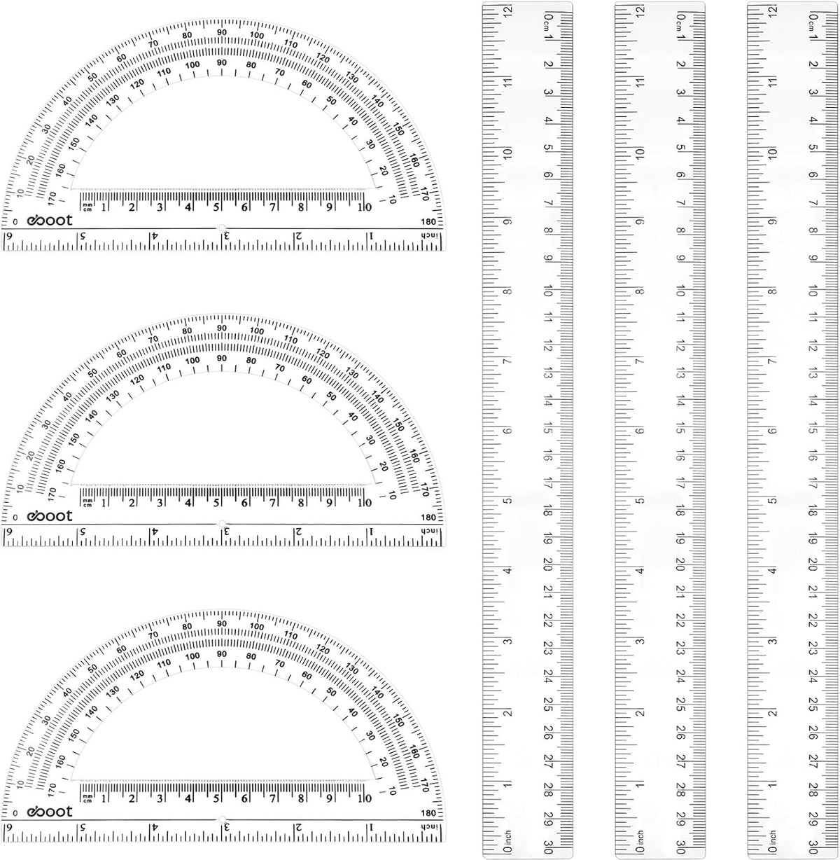 Zonon 6 Packs 12 Inch Plastic Ruler and 6 Inch Protractor Set, Clear Geometry Math Set, Transparent Ruler Supplies for Back to School, Classroom and Student School Supplies, Office Drawing