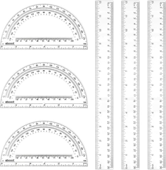 Zonon 6 Packs 12 Inch Plastic Ruler and 6 Inch Protractor Set, Clear Geometry Math Set, Transparent Ruler Supplies for Back to School, Classroom and Student School Supplies, Office Drawing