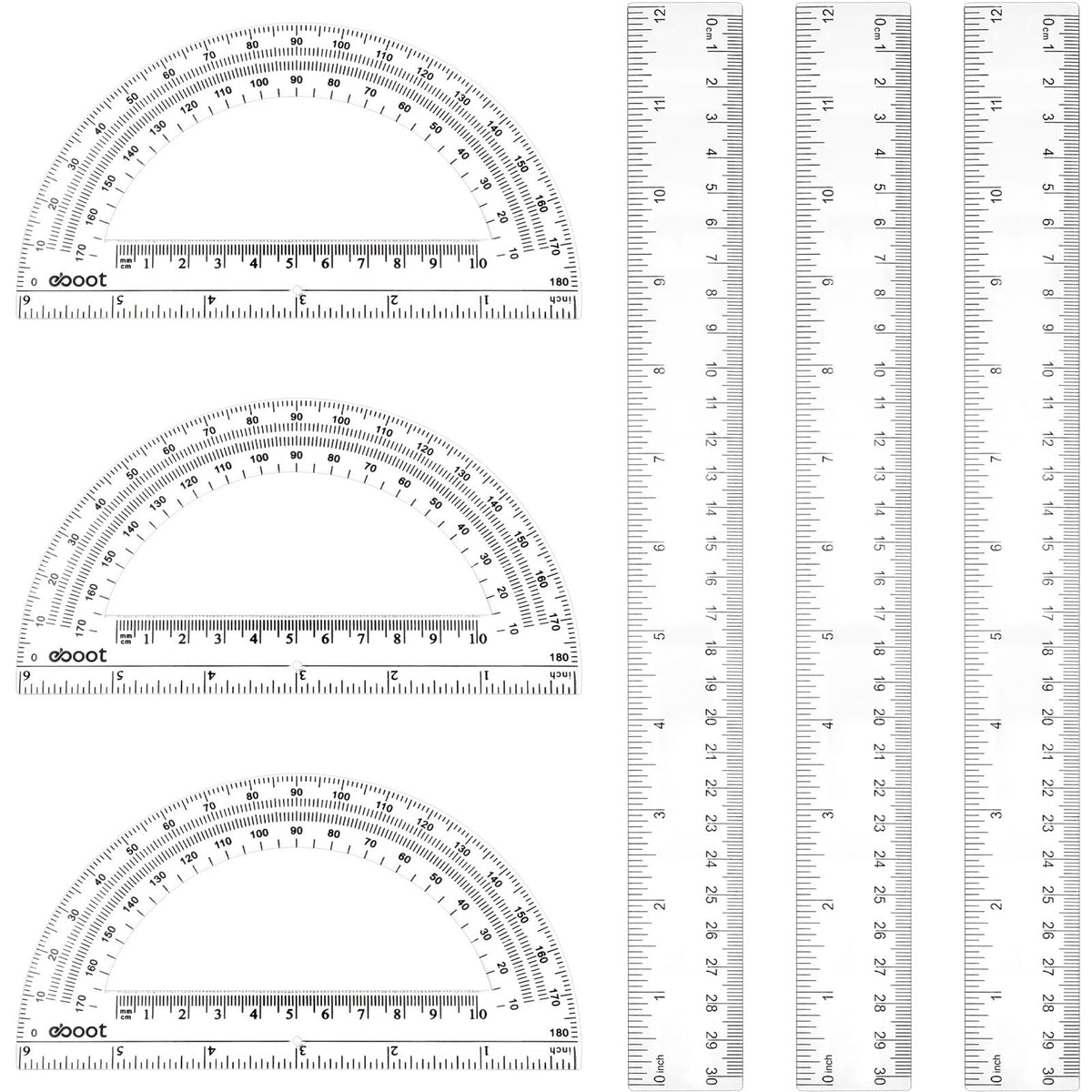 Zonon 6 Packs 12 Inch Plastic Ruler and 6 Inch Protractor Set, Clear Geometry Math Set, Transparent Ruler Supplies for Back to School, Classroom and Student School Supplies, Office Drawing