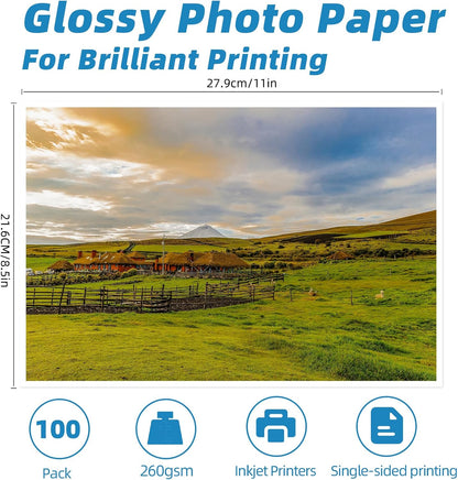 Uinkit 260gsm Thick Glossy Photo Paper for Inkjet, 8.5x11, 100 Sheets