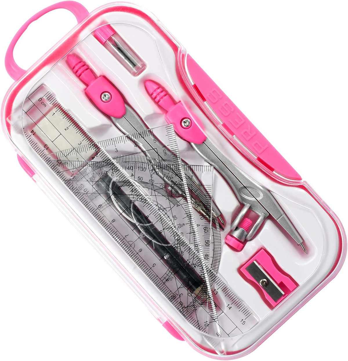 Unjoo Geometry Set 10 Pcs Student Supplies, Protractor and Compass (Pink）