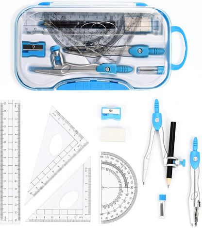 Unjoo Geometry Set 10 Pcs Student Supplies, Protractor and Compass (Blue）