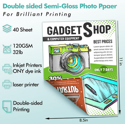 Koala Double Sided Thin Semi Gloss Photo Paper 8.5x11 Inch 32LB 40 Sheets