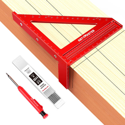 3.8＂Mini 3D Multi-Angle Measuring Square Ruler, WT102A High Precision Hole Scribing Woodworking Tools, 0-90° Aluminum Alloy Carpenter Square Wood Working Tools, Carpenter Pencils 6 Refills.