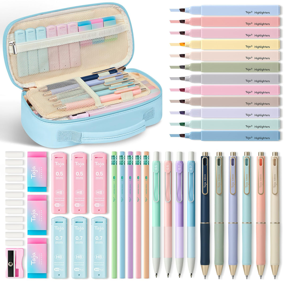Taja Cute Pencil Case With School Supplies, 39 PCS, Stationery Set, Pink