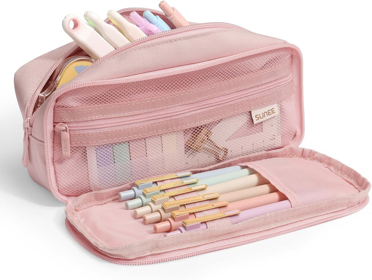 SUNEE Pencil Case, Large Capacity Pencil Pouch, Aesthetic Big Pen Bag 900D Oxford Pen Box for Office Stationery Organizer School Supplies Multifunctional for Teen Boys Girls Women Men, Pink