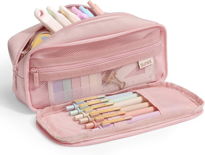 SUNEE Pencil Case, Large Capacity Pencil Pouch, Aesthetic Big Pen Bag 900D Oxford Pen Box for Office Stationery Organizer School Supplies Multifunctional for Teen Boys Girls Women Men, Pink