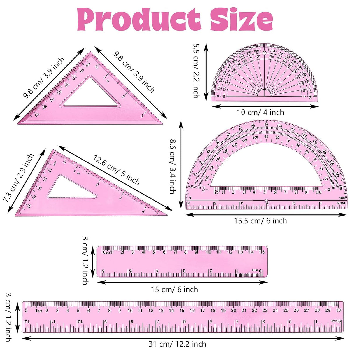 Tenare 6 Pcs Math Geometry Ruler Set, Protractor Triangle School,Pink