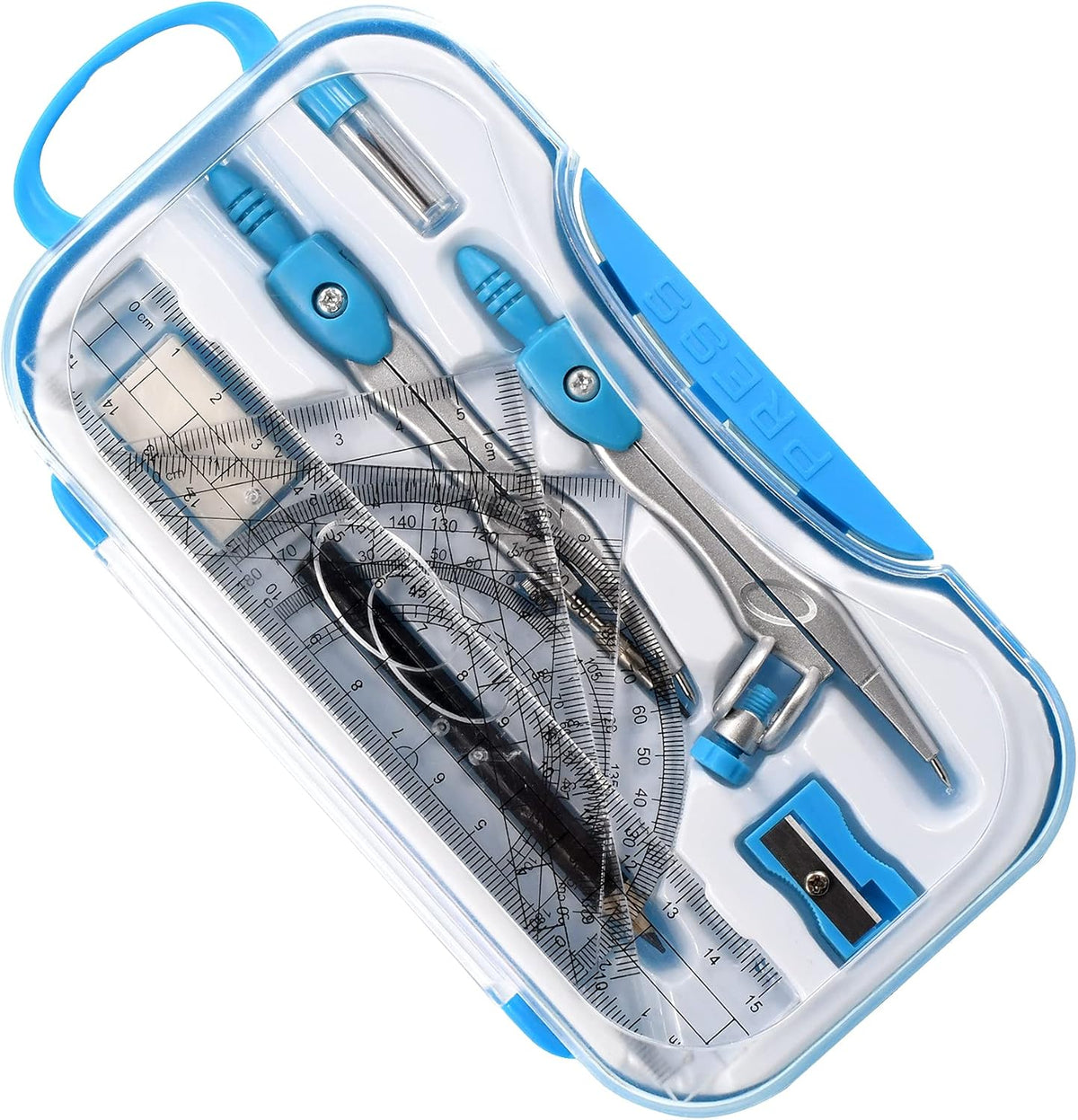 Unjoo Geometry Set 10 Pcs Student Supplies, Protractor and Compass (Blue）