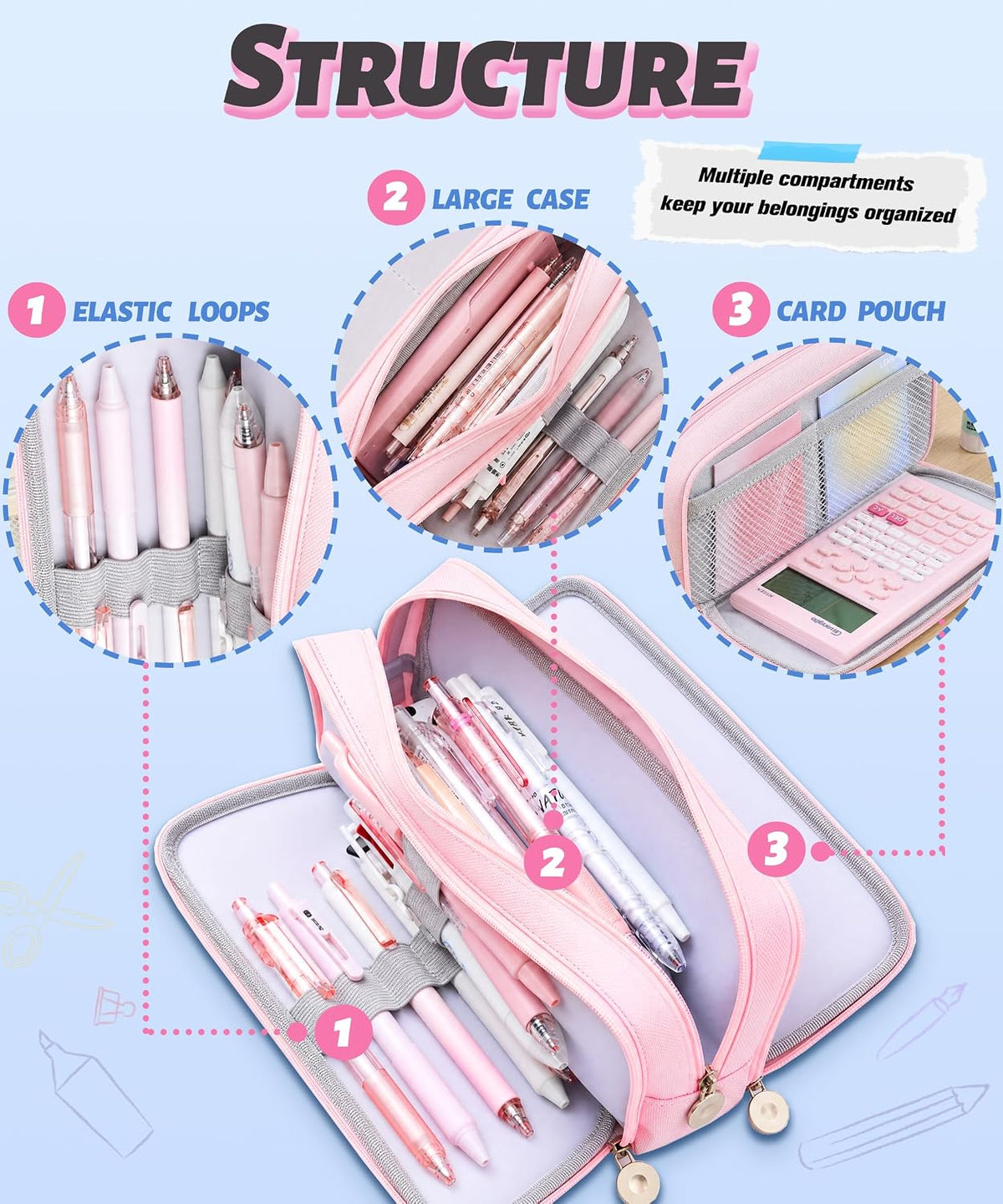 FAHZON Cute Pencil Case, 3 Large Compartments Pencil Pouch, Elastic Pen Slots&Mesh Pockets for Stationery, Pencil Bag for School Supplies with Zipper for Girls Boy Women Teens Adults-Pink