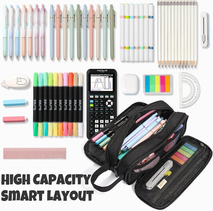 SUNEE Large Capacity Pencil Case with 3 Compartment, Extra Big Pencil Pouch, Pencil Bag with Zipper, Cute High Stationery Organizer, Oxford Pen Box School Supplies for Student Teen Girls Boys, Black
