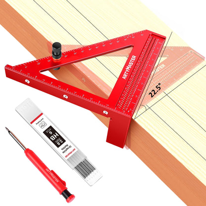 3.8＂Mini 3D Multi-Angle Measuring Square Ruler, WT102A High Precision Hole Scribing Woodworking Tools, 0-90° Aluminum Alloy Carpenter Square Wood Working Tools, Carpenter Pencils 6 Refills.