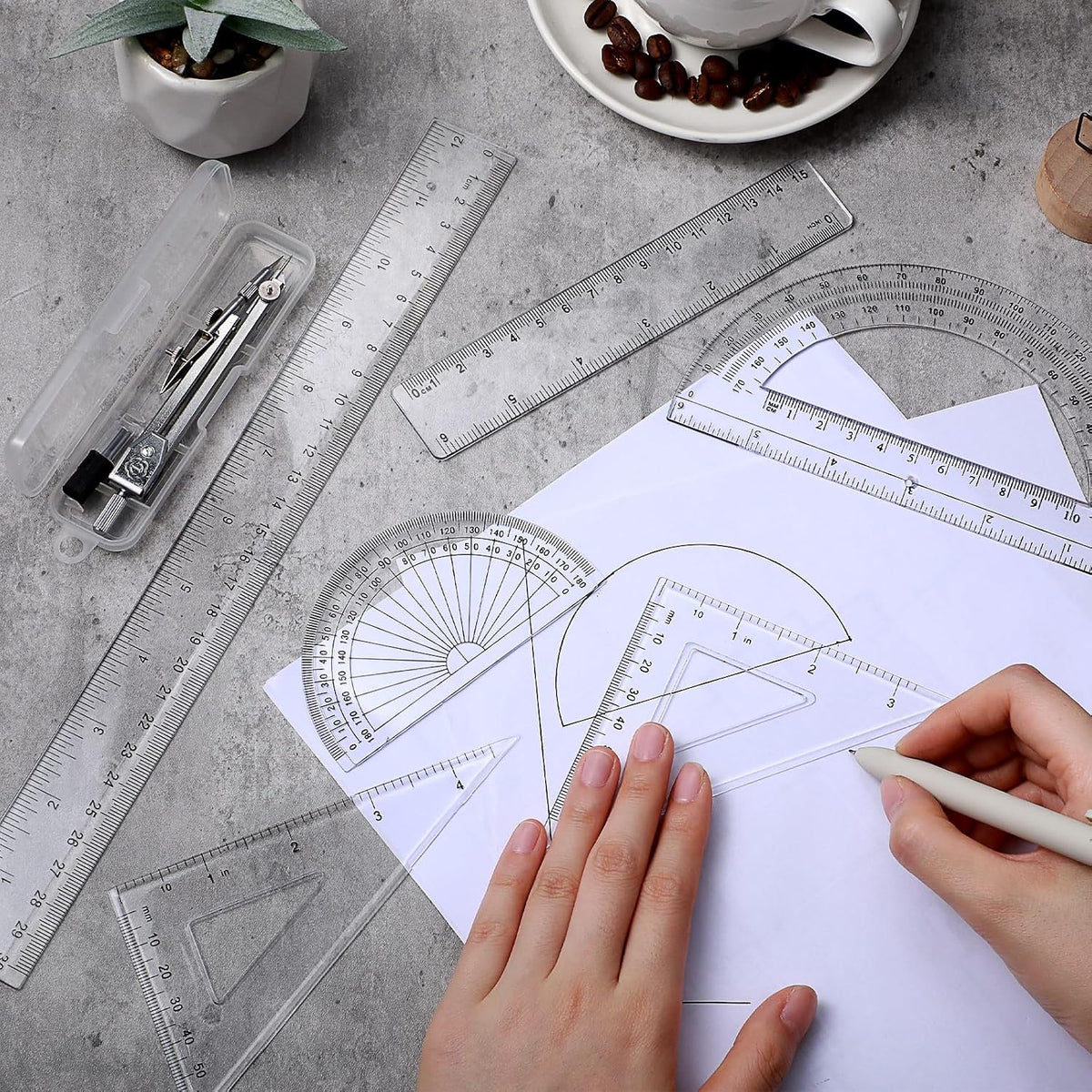 Zonon 7 Pcs Geometry Set with Drawing Compas, 6&4 Inch Protractors, Clear