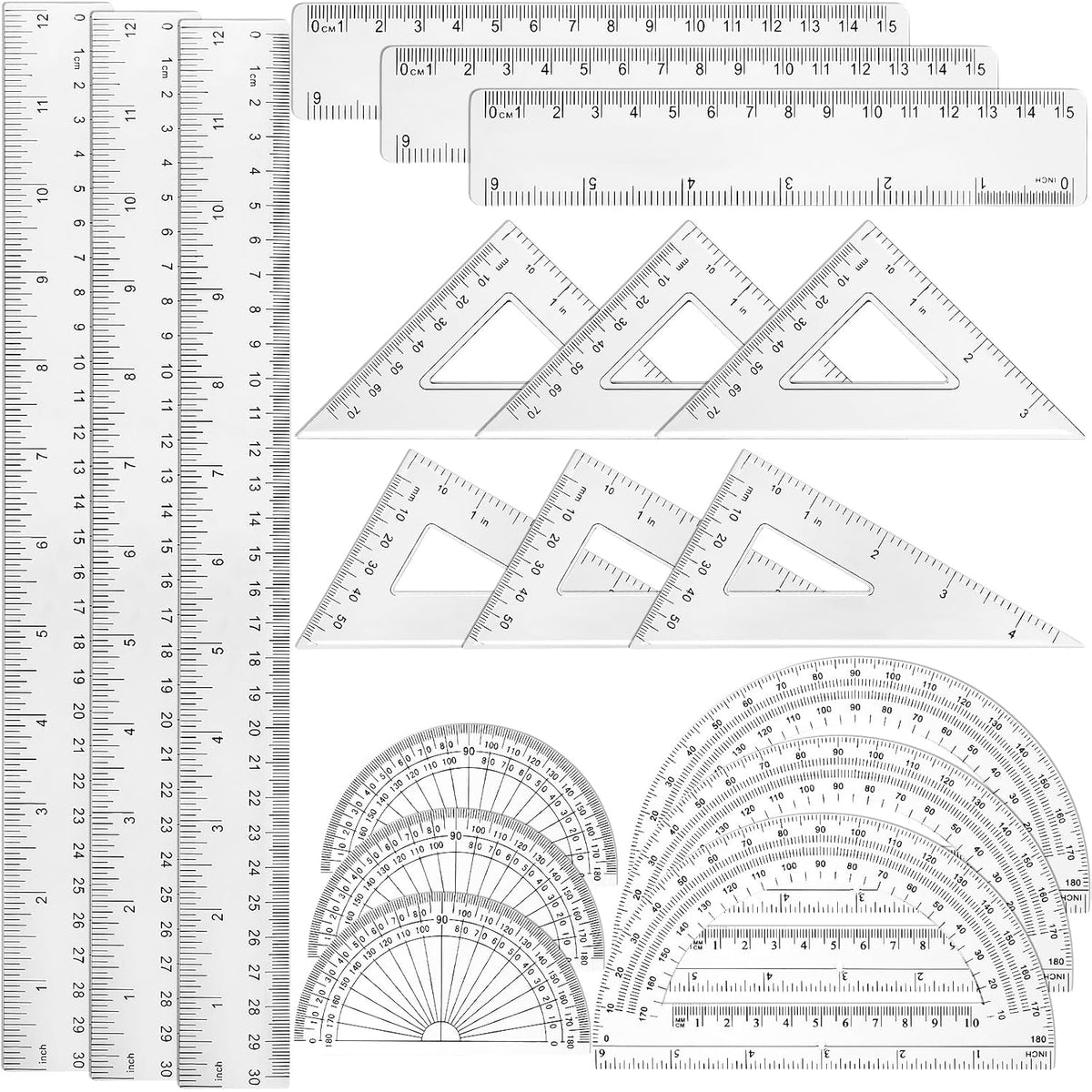 Tenare 18 Pcs Plastic Clear Math Set Includes Protractor Triangle Rulers 12 Inch 6 Inch Straight Geometry Math Transparent Ruler Measuring Tool for Office Home Supplies