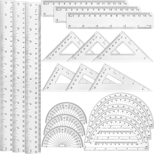 Tenare 18 Pcs Plastic Clear Math Set Includes Protractor Triangle Rulers 12 Inch 6 Inch Straight Geometry Math Transparent Ruler Measuring Tool for Office Home Supplies