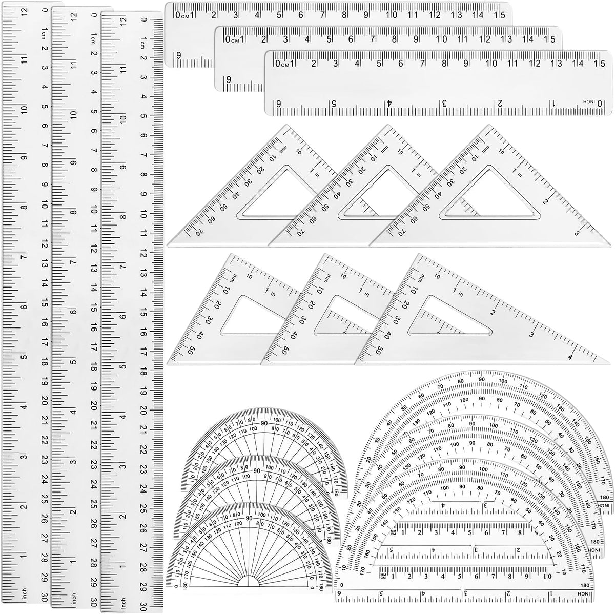 Tenare 18 Pcs Plastic Clear Math Set Includes Protractor Triangle Rulers 12 Inch 6 Inch Straight Geometry Math Transparent Ruler Measuring Tool for Office Home Supplies