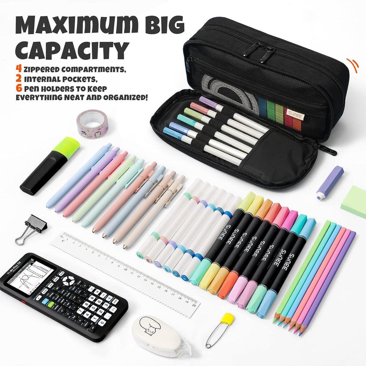 SUNEE Pencil Case, Large Capacity Pencil Pouch, Extra Big Pencil Bag with 6 Compartments, Durable Canvas Pencil Box for Office Stationery Organizer, Back to School Supplies for Teen Boys Girls, Black
