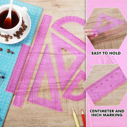 Tenare 6 Pcs Math Geometry Ruler Straight Protractor Triangle, Pink