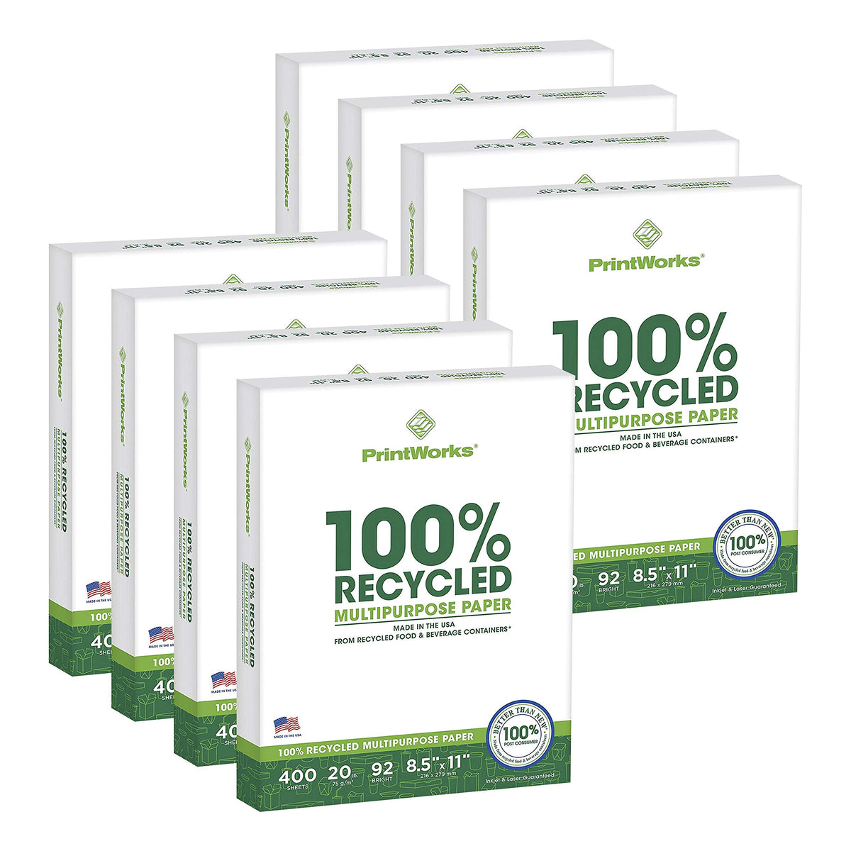 PrintWorks 100% Recycled Printer Paper 8.5" x 11" White - 20 lb Copy & Multipurpose Computer Paper - 3 Packs, 1200 Sheets - Made in the USA - 92 Bright - Printer & Copier Compatible (00018-3)