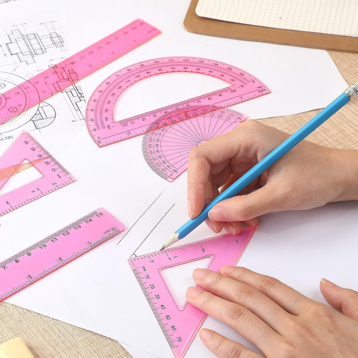Zonon 7 Pcs Geometry Set with Drawing Compas, 6&4 Inch Protractors, Pink