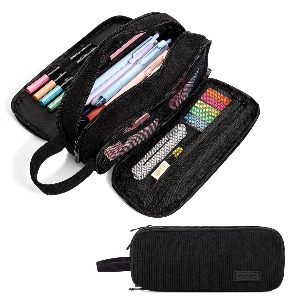 SUNEE Large Capacity Pencil Case with 3 Compartment, Extra Big Pencil Pouch, Pencil Bag with Zipper, Cute High Stationery Organizer, Oxford Pen Box School Supplies for Student Teen Girls Boys, Black
