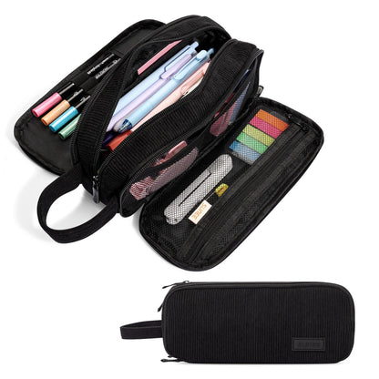 SUNEE Large Capacity Pencil Case with 3 Compartment, Extra Big Pencil Pouch, Pencil Bag with Zipper, Cute High Stationery Organizer, Oxford Pen Box School Supplies for Student Teen Girls Boys, Black