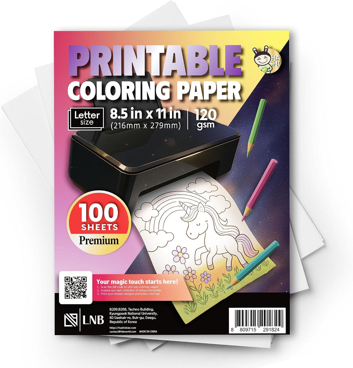 HASHI Printable Coloring Paper, 100 Sheets 8.5x11 32lb Thick Printer Paper