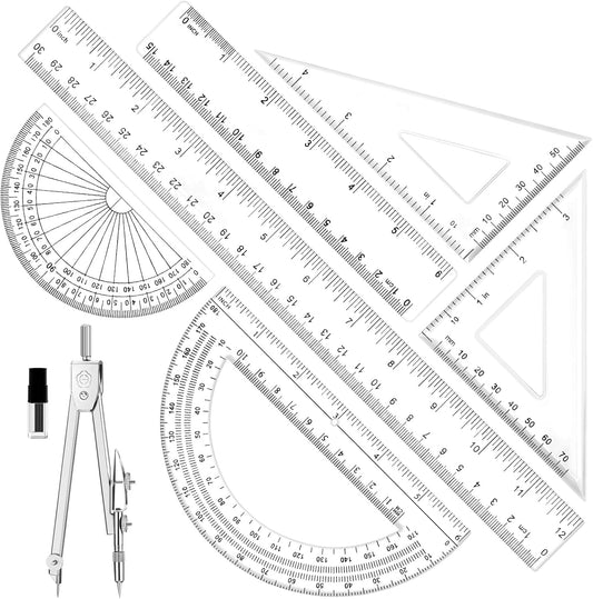 7Pcs Geometry Set-Clear Plastic Rulers,Triangle Ruler,Protractor,Compass