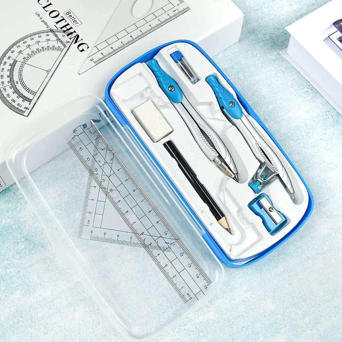 Geometry Set,10 Pcs Protractor and Compass Set, Math and Ruler Set for Students, Class Supplies, and School - Essential Compass Geometry Tools for Precision and Quality (Blue)