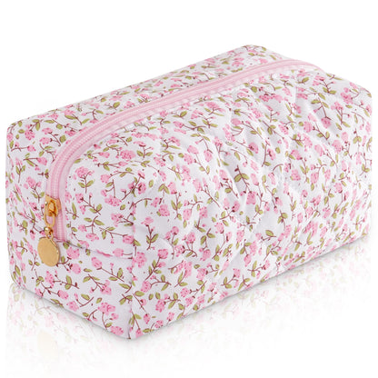 Makeup Bag Travel Toiletry Bag for Women, Small Cosmetic Bags Cute Quilted Cotton Makeup Pouch for Purse Emergency Bag Pencil Case Accessory Bag, Pastel Pink