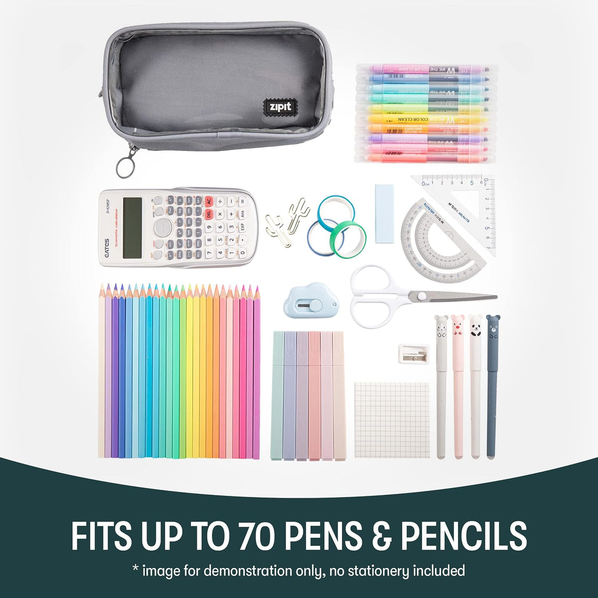 ZIPIT Half & Half Pencil Case, 3-Compartment Aesthetic Zipper Pouch, Grey