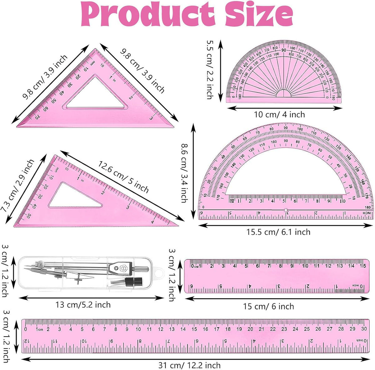 Zonon 7 Pcs Geometry Set with Drawing Compas, 6&4 Inch Protractors, Pink