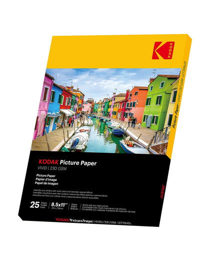 KODAK Picture Paper Vivid 8.5"x11", 25 count, 66lb-230g/m2 weight, 11.9 mil thickness, Vivid color picture paper