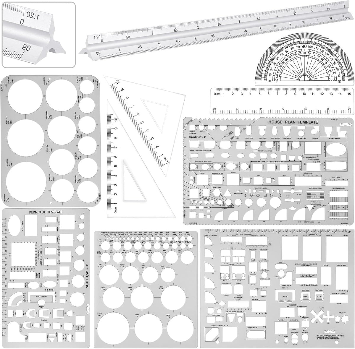 Zonon 10 Pcs Architect Scale & Geometric Drawing Template, Classic, Clear