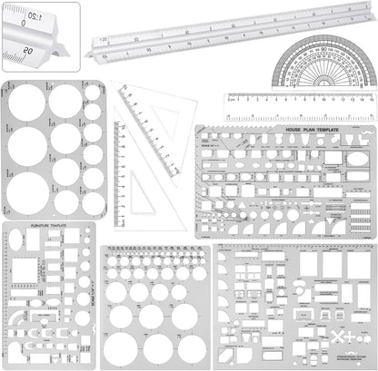 Zonon 10 Pcs Architect Scale & Geometric Drawing Template, Classic, Clear