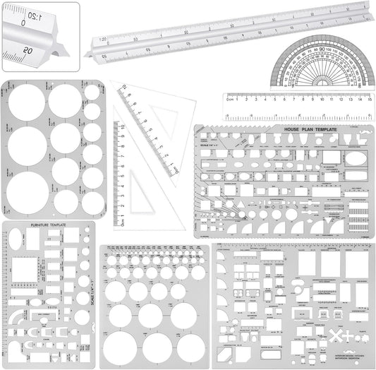 Zonon 10 Pcs Architect Scale & Geometric Drawing Template, Classic, Clear