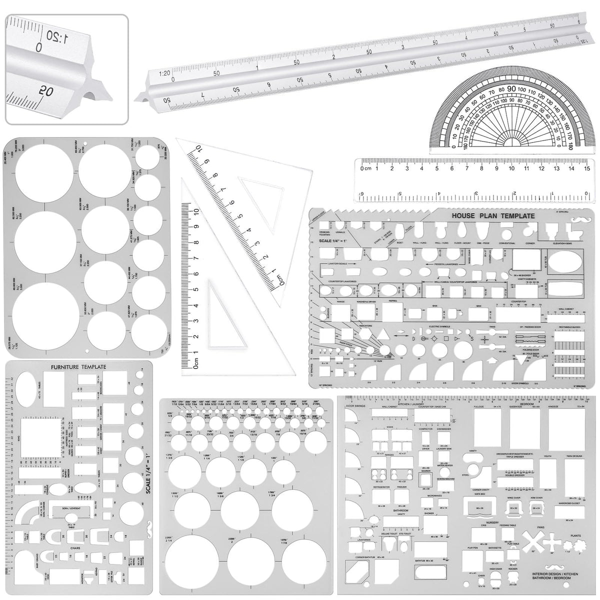 Zonon 10 Pcs Architect Scale & Geometric Drawing Template, Classic, Clear