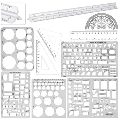Zonon 10 Pcs Architect Scale & Geometric Drawing Template, Classic, Clear