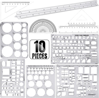 Zonon 10 Pcs Architect Scale & Geometric Drawing Template, Classic, Clear