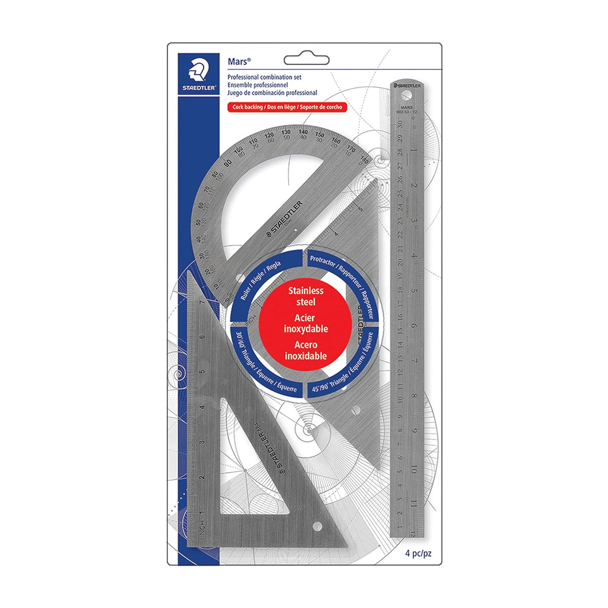 STAEDTLER Stainless Steel Math Set - With 12in Ruler, 2 Triangle Set Squares (45/90° & 30/60°), 6in Protractor - Precision Drawing & Drafting