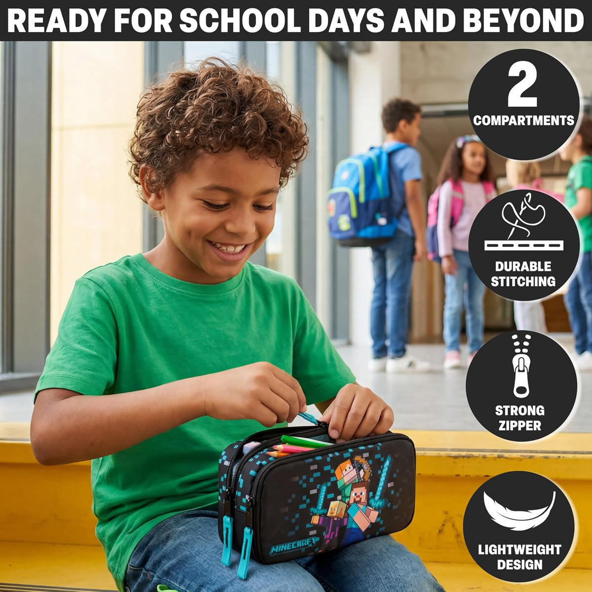 Get Trend Minecraft Pencil Case for Boys, Pencil Pouch with 2 Zipped Compartments, Back-to-School Marker & Pen Case, Organizer for School Supplies, Stationery, Gamer Gifts (Multi Minecraft)